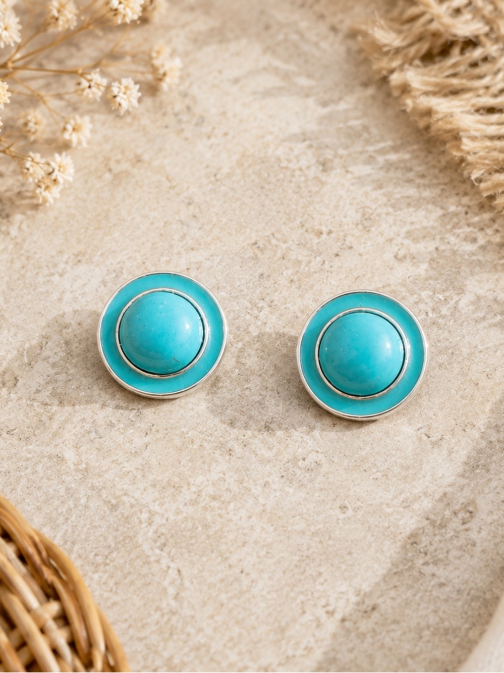Turquoise Cabachon Stud Earrings - Women Jewelry